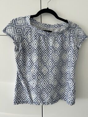 Lafayette 148 New York Blue & White Diamond-Print Short Sleeve Top